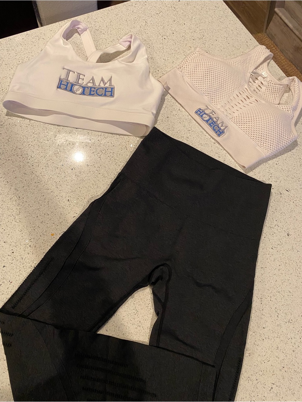 Black High-Waist Leggings and 2 white sports bra with Logo Hi-Tech team